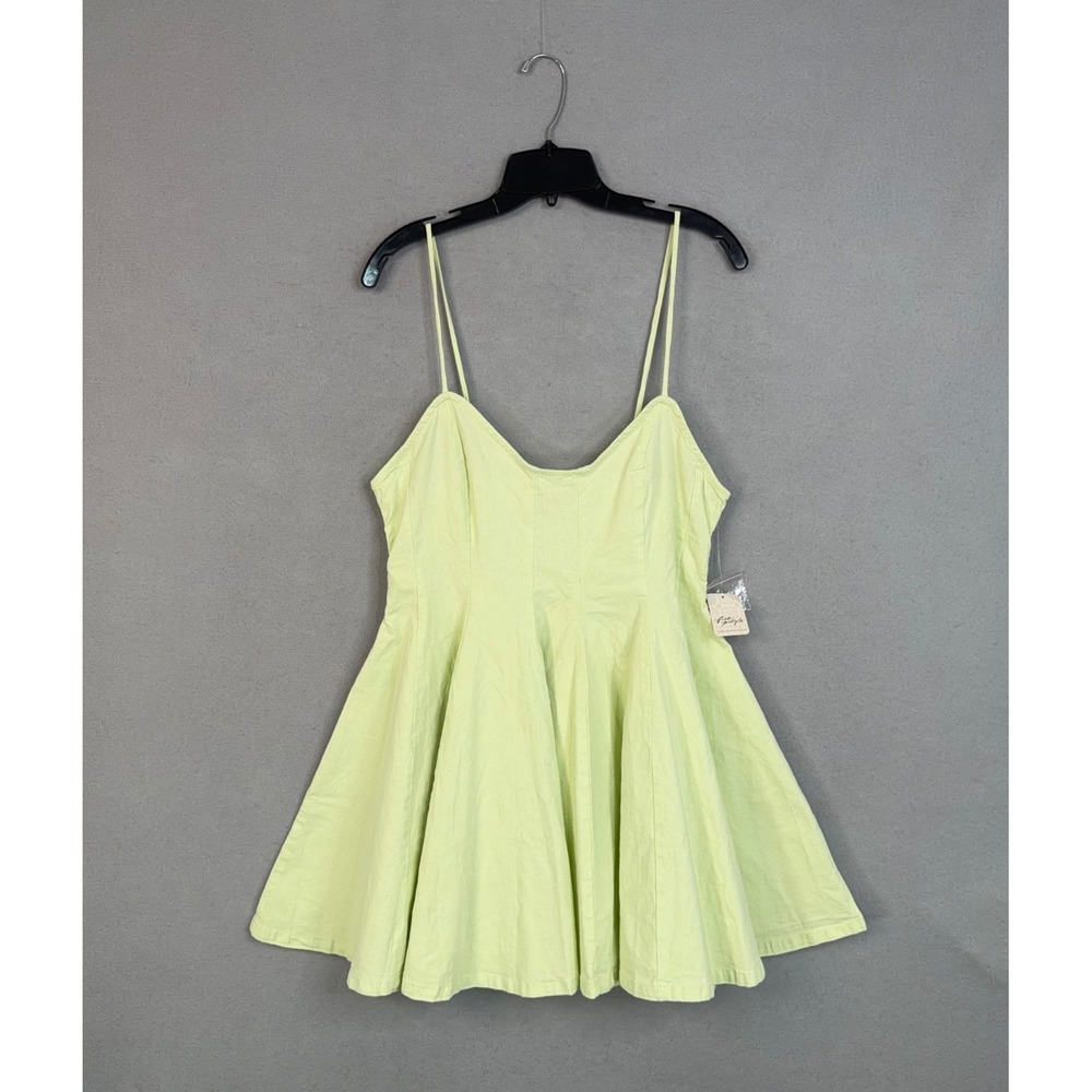 Free People Mini Dress Womens Large Lime Fit & Flare Stretch Linen Tan Lines